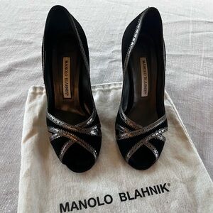 Used Manolo Blahniks Black and Silver Peep Toe